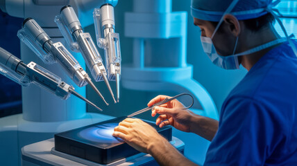 Medical and Technology. A surgeon uses advanced robotic tools for precision surgery in a high-tech medical environment.