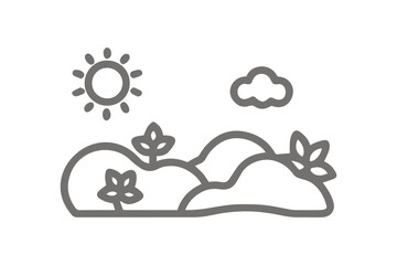 Outline of a Landscape with Sun, Cloud, Hills, and Plants graphic design
