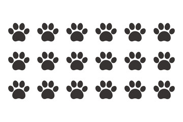 Grid of Fifteen Dark Gray Paw Print Symbols on Black Background Keywords: paw prints, paws, animal tracks, grid