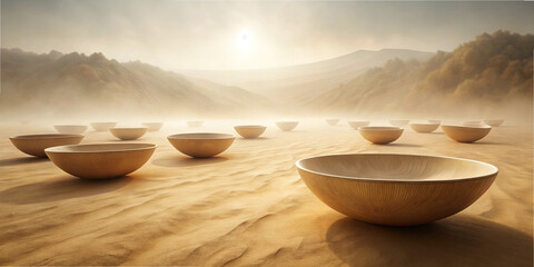 Group of wooden bowls on sand in desert landscape at dawn with mist and mountains in background
