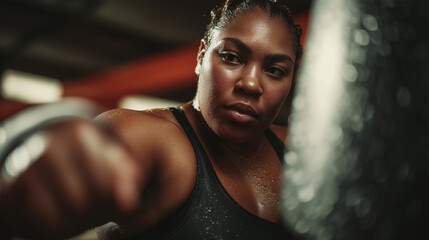 Black plus-size female boxer training on a reflex bag in a modern studio. Confident, powerful, and inclusive boxing fitness. Female sportswoman, training punches on boxing bag. Confident athlete.