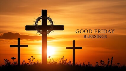 Religious Scene Featuring Three Silhouetted Crosses at Sunset with the Text Good Friday Blessings Providing a Peaceful and Spiritual Visual for Reflection