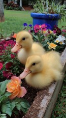 Two yellow ducklings in a garden bed, surrounded by colorful flowers