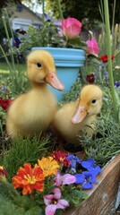 Two fluffy yellow ducklings amidst vibrant flowers and greenery in a garden bed