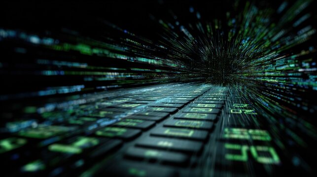 Digital Keyboard in Dark Space: A captivating shot of a computer keyboard glowing with luminous green keys, set against a dark, dynamic backdrop, offering a sense of depth and technological immersion. - Powered by Adobe