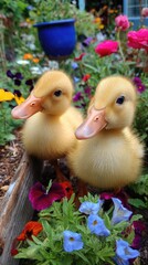 Two yellow ducklings amidst vibrant flowers