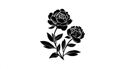 Peony silhouette: Two elegant peony blossoms and lush leaves rendered in striking shades of black, their delicate forms captured against a clear backdrop. 