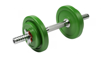 Green dumbbell with silver bar and weights weightlifting fitness equipment isolated on a transparent background