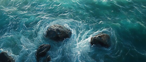 Obraz premium Ocean Waves Crashing on Dark Rocks in Turquoise Water from Above Aerial View