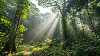 Fototapeta premium Sunlight streams through trees in a dense forest during morning hours revealing lush greenery and natural beauty