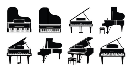 Collection of various piano silhouettes demonstrating different styles and design forms © MdNirob