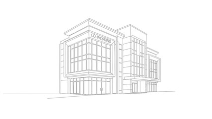 Architectural sketch of a modern building with large windows and a minimalist design aesthetic
