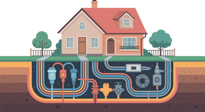 Underground Utility System Vector Illustration Beneath Residential House