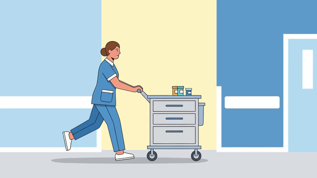 A nurse pushing a medical cart with medications down a hospital corridor - Powered by Adobe