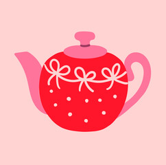 Flat style illustration of red and pink teapot decorated with white bows and dots on a soft pastel background, perfect for Valentine s Day cards, cozy tea party invites, and cute kitchen decor.