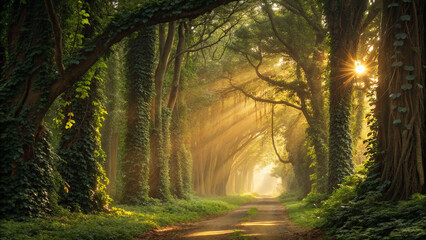 Light shines through trees on a path in a lush green forest during the early morning hours