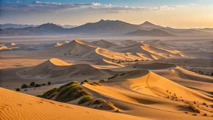 Wandcirkels Cappuccinokleur Sand dunes stretch across the desert landscape under the bright sky during golden hour in the late afternoon  © Roman