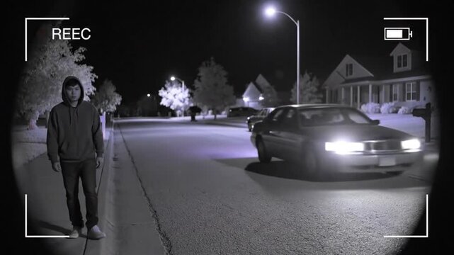 Night Vision Security Footage: Man and Car on Suburban Street