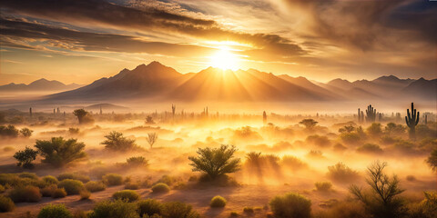 Sunrise over a desert landscape with mountains, trees, and misty ground at dawn