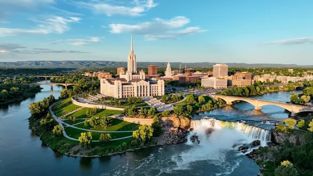 Majestic Falls Park in Sioux Falls, South Dakota aerial view of cityscape and falls