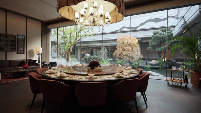 Elegant dining setup by garden view