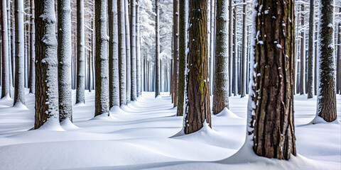Snow covers tall trees in a forest path during winter near a mountain landscape