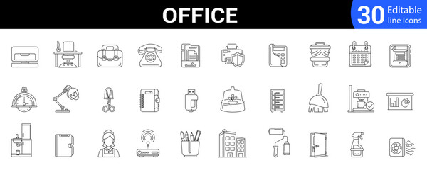 Office line icons mega set. Editable outline workspace, business, meeting, team, corporate, desk and more. Vector illustration
