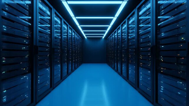 A futuristic data center hallway with server racks and blue neon lights