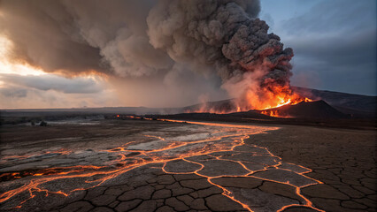 Volcano eruption sends ash and lava flowing during sunset in a remote area