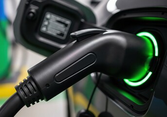Closeup of electric vehicle ev charging plug inserted with glowing green light