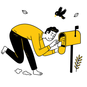 Man in yellow shirt checking mailbox with bird flying overhead