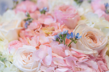 Soft Pastel Flower Bouquet with Blue Forget Me Not White Hydrangea and Pink Roses