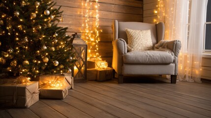 Cozy living room with a lit Christmas tree, warm string lights, a plush armchair, and wrapped presents nearby