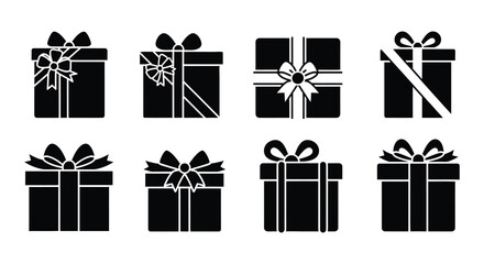 Collection of black and white gift box icons with decorative ribbons