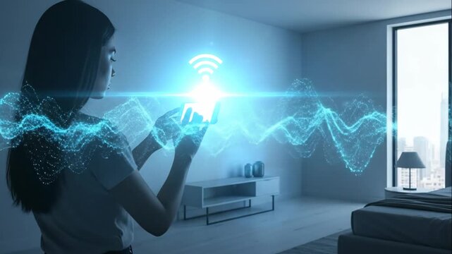 Asian woman interacts with smartphone, showcasing wireless connectivity and digital technology, as camera pans to reveal dynamic visual effects of network signals