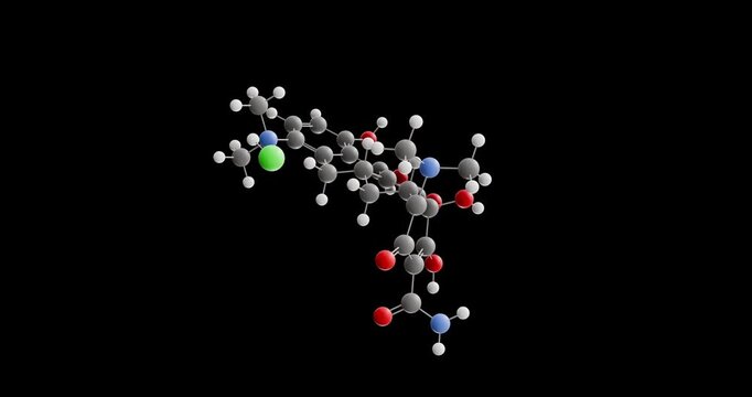 Minocycline hydrochloride molecule, rotating 3D model of antibiotic, looped video on a black background
