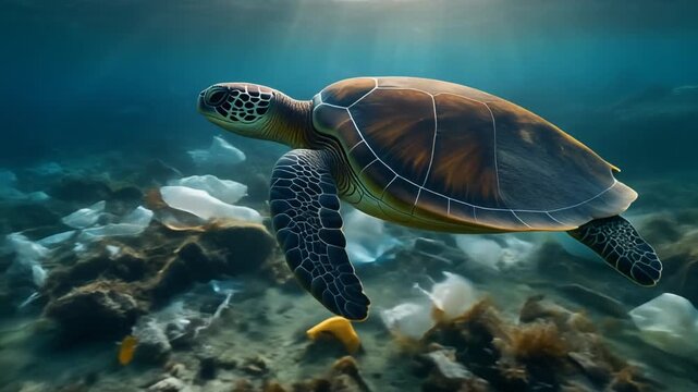 Cinematic underwater HD video of sea turtle swimming through polluted ocean filled with plastic waste