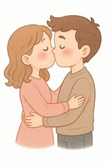 Obraz premium Cartoon kissing couple cute soft pastel cartoon couple hugging and kissing romantic love illustration gentle valentine relationship