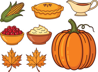 Thanksgiving and Autumn Food Icons Illustration Featuring Pumpkin, Pie, Corn, Gravy, Cranberries and Fall Leaves Isolated on White
