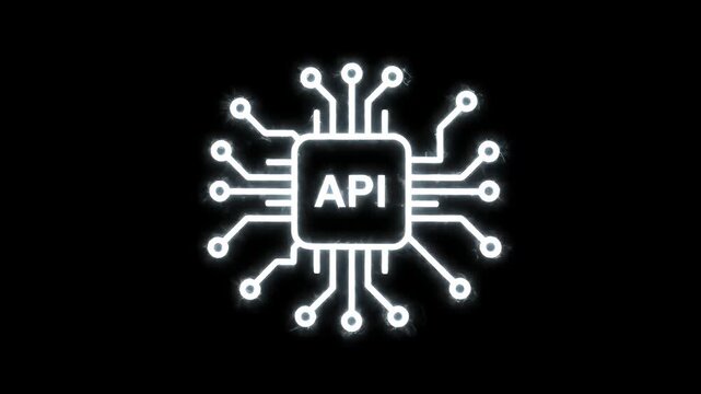 Glowing white neon icon of an API inside a cpu microchip