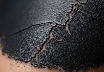 Macro shot of cracked black cosmetic face mask peeling off skin, texture of dried mud or clay product showing fine lines and fissures