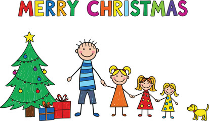 Christmas family celebration vector with tree, gifts, dog, and “Merry Christmas” text for festive, lifestyle, and greeting themes.