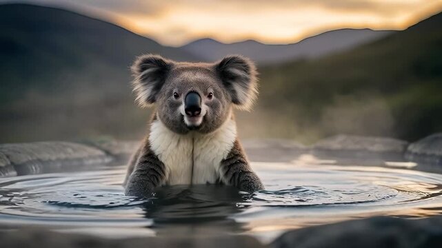 Sequence of a cute koala bear bathing in a natural onsen hot spring. The funny animal relaxes in the warm water with a mountain view for a wellness or travel concept