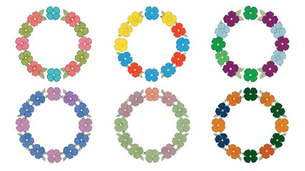 Colorful flower wreaths arranged in rows displaying vibrant spring aesthetics