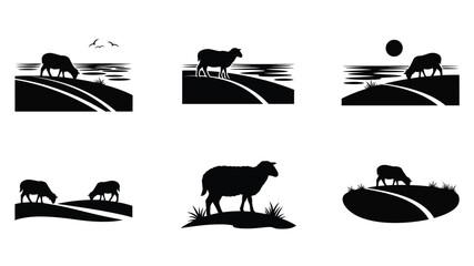 Silhouetted sheep grazing on a rolling landscape under a bright sun