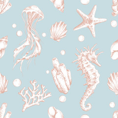 Seamless pattern with hand-drawn jellyfish, seahorse, shell, coral reef and starfish. Marine life background for ocean theme. Beautiful sea creatures sketch. Outline graphic illustration on a blue