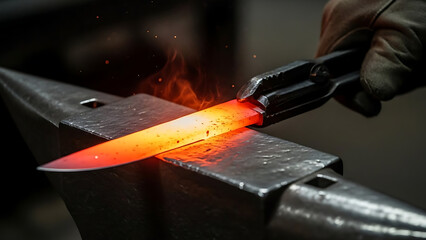 Blacksmith forging a glowing knife blade on an anvil