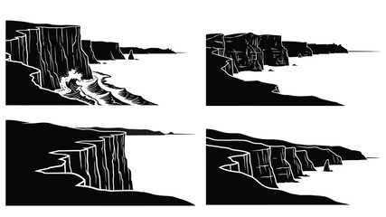 Dramatic cliffs and cascading waterfalls meeting the ocean in a stark illustration © Nasima Bibi