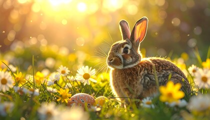 A realistic brown Holland Lop rabbit sitting in a lush spring meadow filled with daisies and yellow tulips.  and easter egg