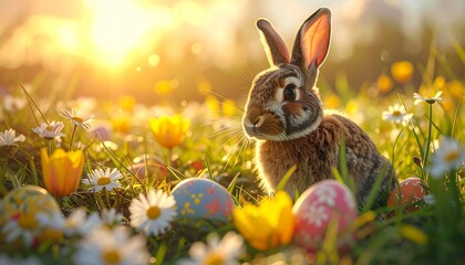 A realistic brown Holland Lop rabbit sitting in a lush spring meadow filled with daisies and yellow tulips.  and easter egg